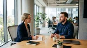 Departing employee answering exit interview questions with an HR representative
