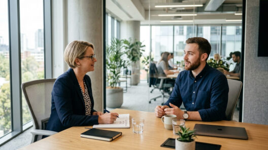 Departing employee answering exit interview questions with an HR representative