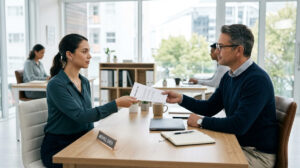 Employee handing a two weeks notice resignation letter to a manager