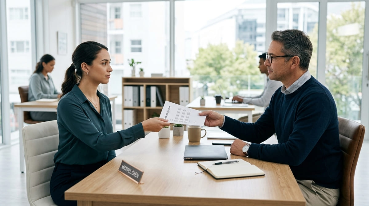 Employee handing a two weeks notice resignation letter to a manager