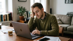 Candidate reading an email after a job offer was rescinded following acceptance