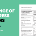 Change-of-address form beside a credit card and a small fee receipt
