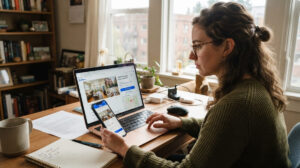 Renter checking a Zillow listing on a laptop to verify it is legitimate