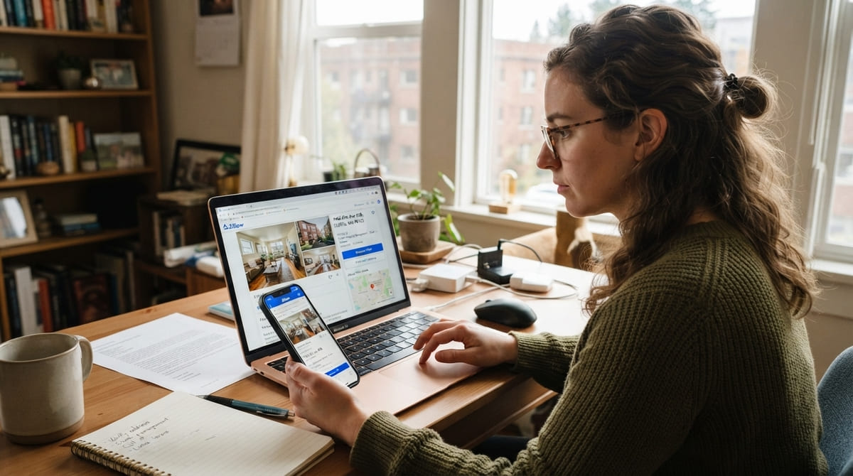 Renter checking a Zillow listing on a laptop to verify it is legitimate